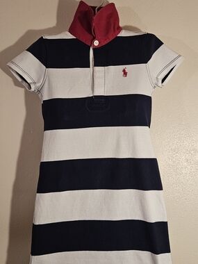 Ralph Lauren Navy & White Striped Polo Dress with Red Collar